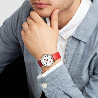 evo2, 35 mm, red vegan grape leather watch, MSE.35110.LCV, Mood image with wrist watch worn