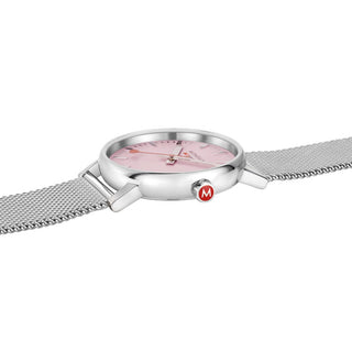 evo2, 35mm, Wild Rose Stainless Steel Watch, MSE.35130.SM, Side view with focus on the red crown