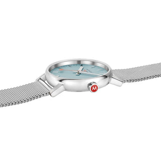 evo2, 35mm, Turquoise Lake Stainless Steel Watch, MSE.35140.SM, Side view with focus on the red crown