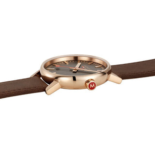 evo2, 40mm, Rose Gold Toned and Brown Watch, MSE.40181.LG, Side view with red crown and genuine leather strap