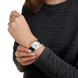 Cushion, 31MM, Black vegan grape leather Watch, MSL.31110.LBV, Mood image with wrist watch worn