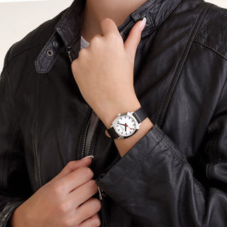 Cushion, 31MM, Black vegan grape leather Watch, MSL.31110.LBV, Mood image with wrist watch worn
