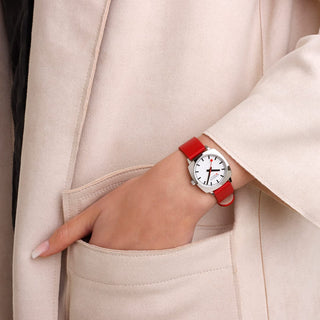 Cushion, 31MM, Red vegan grape leather Watch, MSL.31110.LCV, Mood image with wrist watch worn
