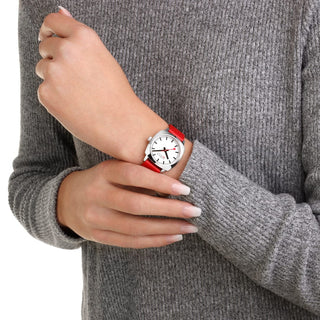 Cushion, 31MM, Red vegan grape leather Watch, MSL.31110.LCV, Mood image with wrist watch worn