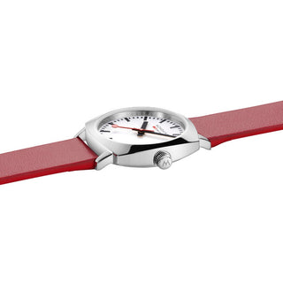 Cushion, 31MM, Red vegan grape leather Watch, MSL.31110.LCV, Side view with focus on the crown