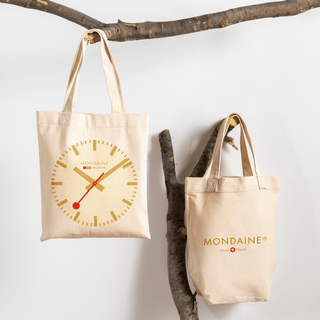 Tote Bag with golden Mondaine logo, JAC.D093, Front and back view of the textile tote bag